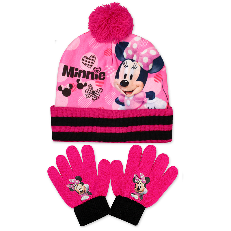Black/Pink Minnie Mouse Baby Girls Toddler Winter Hat & Mitten Set 